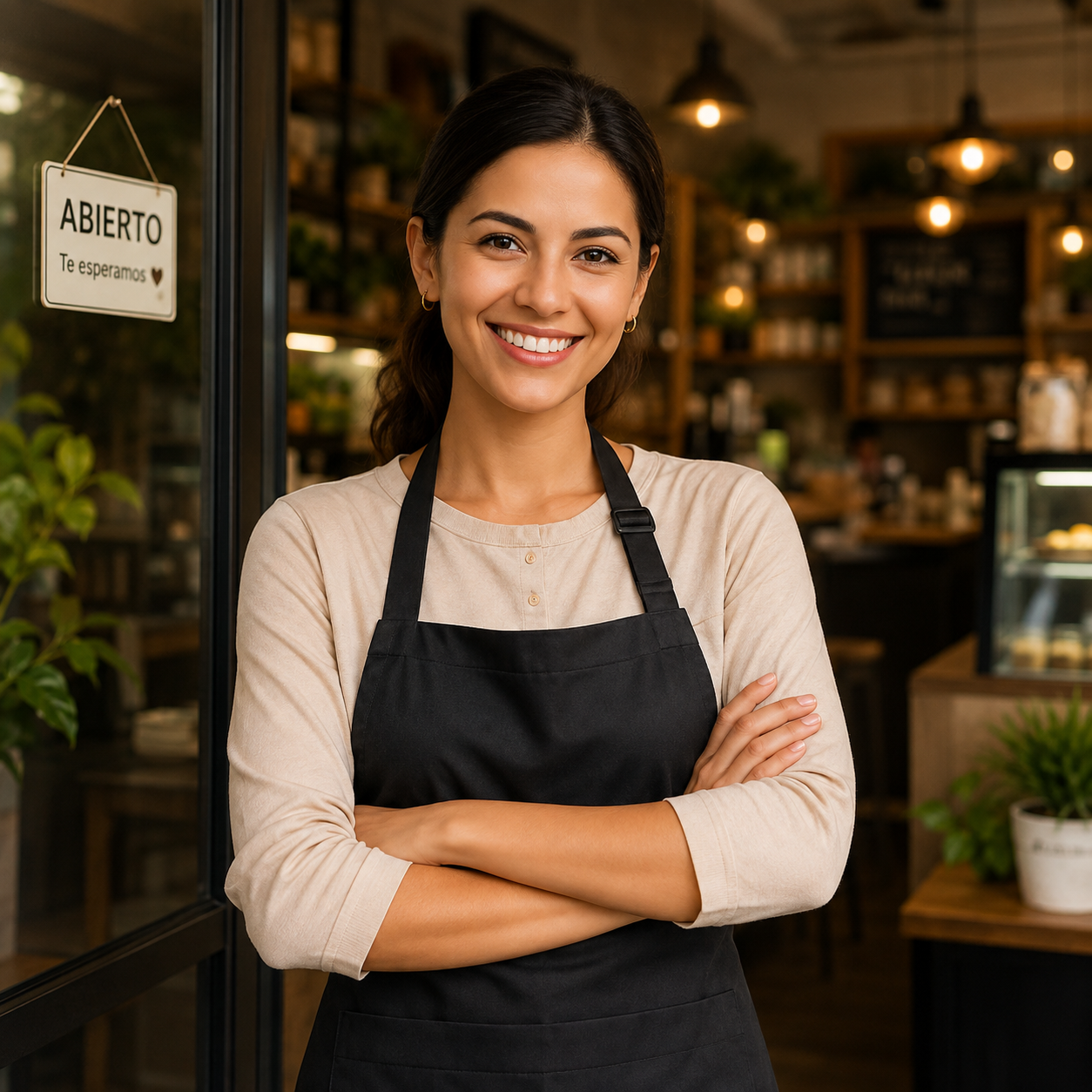 Comerciante sonriendo en la puerta de su local, junto al letrero de Abierto